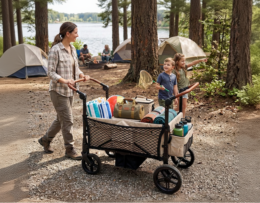 Woman with children at a campsite with a wagon full of camping supplies.