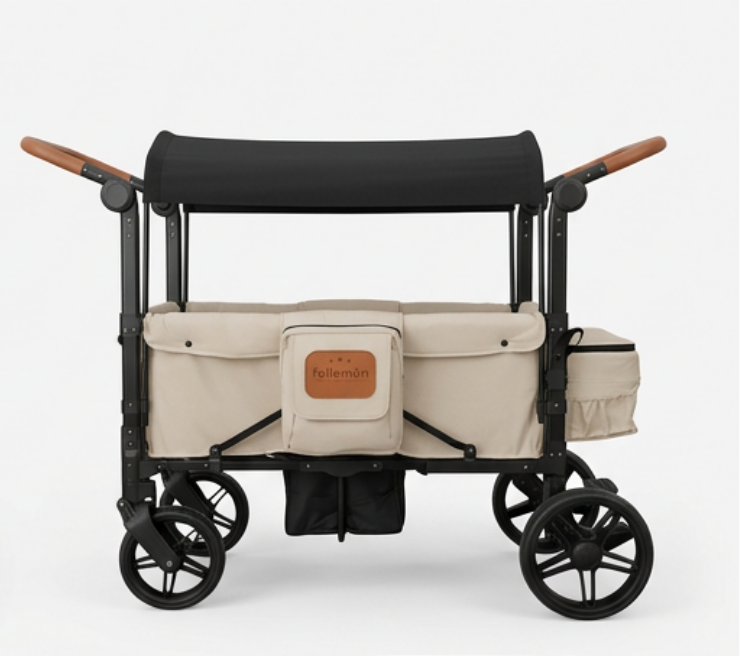 Beige and black wagon with a bag on a white background