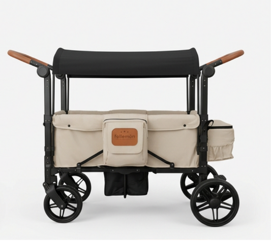 Beige and black wagon with a bag on a white background